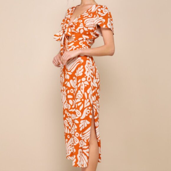 Lulus Energetic Charm Rust Orange Abstract Tie-Front Midi Dress, NWT, Size Small - Picture 2 of 12